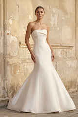 Mermaid Strapless Satin Wedding Dress With Bow in White - KISS BRIDAL Wedding Dresses