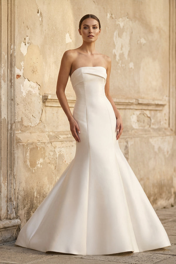 Mermaid Strapless Satin Wedding Dress With Bow in White - KISS BRIDAL Wedding Dresses