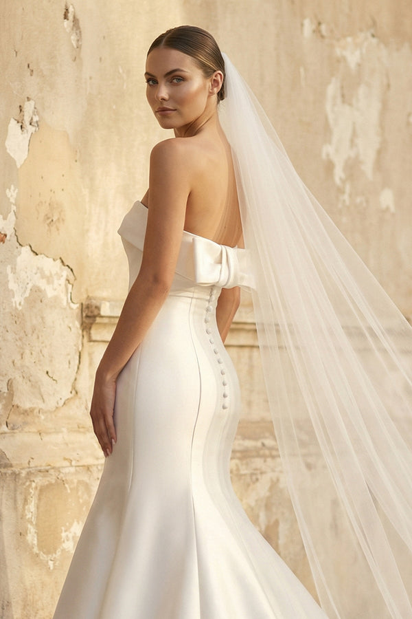 Mermaid Strapless Satin Wedding Dress With Bow in White - KISS BRIDAL Wedding Dresses