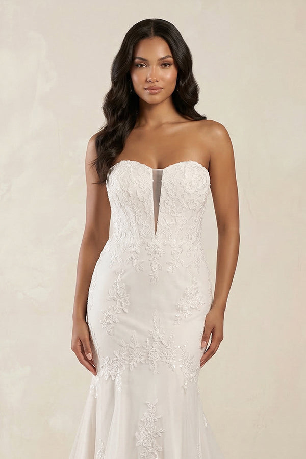 Mermaid Sweetheart Appliqued Tulle Wedding Dress in White - KISS BRIDAL Wedding Dresses