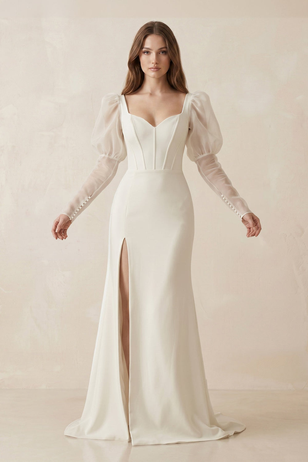 Mermaid Sweetheart Satin Long Sleeves Corset Wedding Dress in Ivory