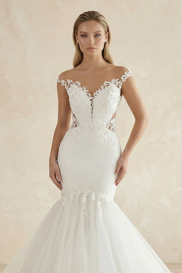 Mermaid Tulle Appliqued Off - the - Shoulder Wedding Dress in White - KISS BRIDAL Wedding Dresses