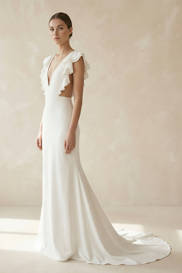Mermaid V Neck Cap Sleeves Satin Wedding Dress in Ivory - KISS BRIDAL Wedding Dresses
