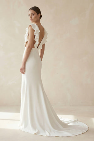 Mermaid V Neck Cap Sleeves Satin Wedding Dress in Ivory - KISS BRIDAL Wedding Dresses