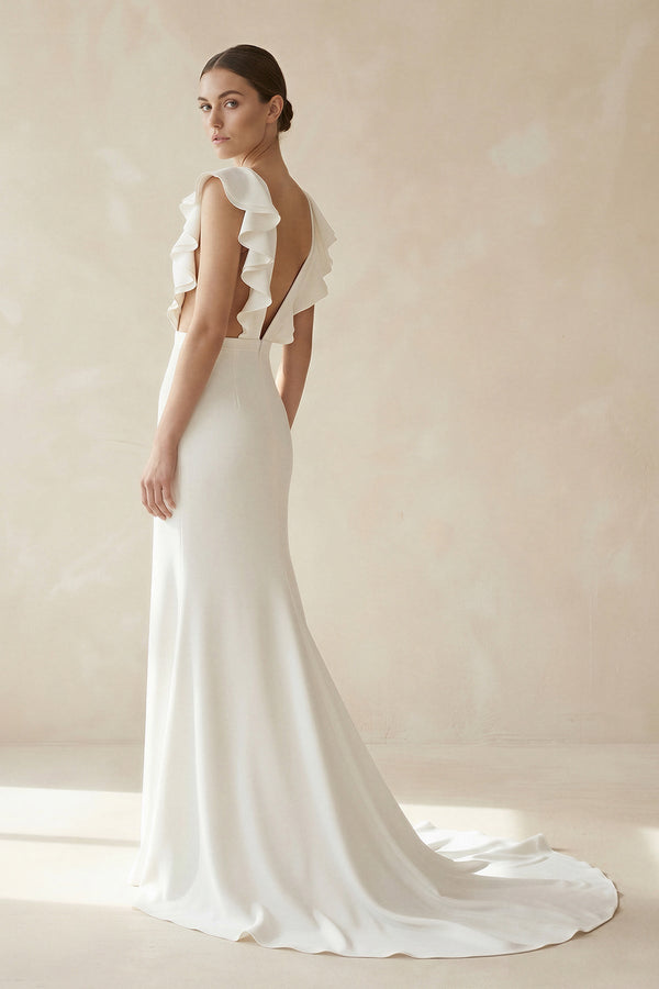 Mermaid V Neck Cap Sleeves Satin Wedding Dress in Ivory - KISS BRIDAL Wedding Dresses