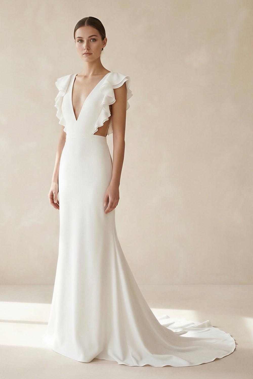 Ruffled Mermaid V Neck Cap Sleeves Satin Wedding Dress