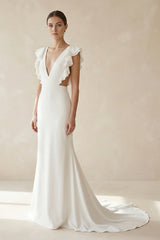Mermaid V Neck Cap Sleeves Satin Wedding Dress in Ivory - KISS BRIDAL Wedding Dresses