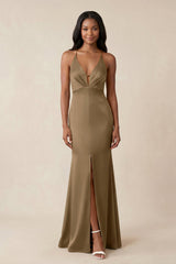 Mermaid V - Neck Satin Bridesmaid Dress With Slit in Apple Cinnamon - KISS BRIDAL Bridesmaid Dresses