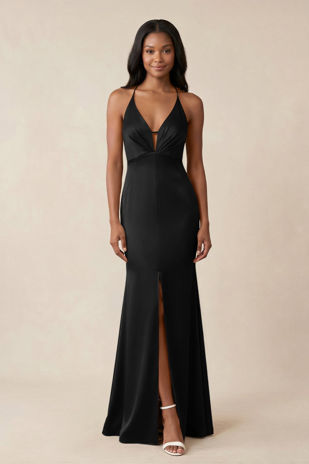 Mermaid V-Neck Satin Bridesmaid Dress With Slit in Black