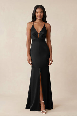 Mermaid V - Neck Satin Bridesmaid Dress With Slit in Black - KISS BRIDAL Bridesmaid Dresses