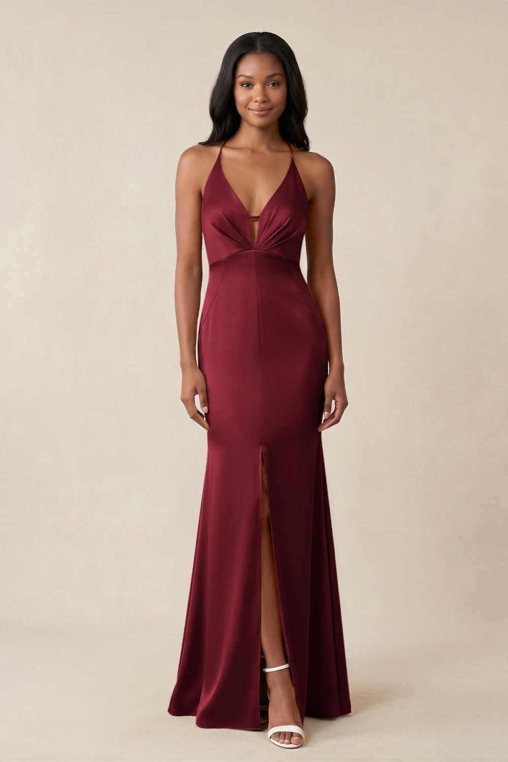 Mermaid V-Neck Satin Bridesmaid Dress With Slit in Burgundy