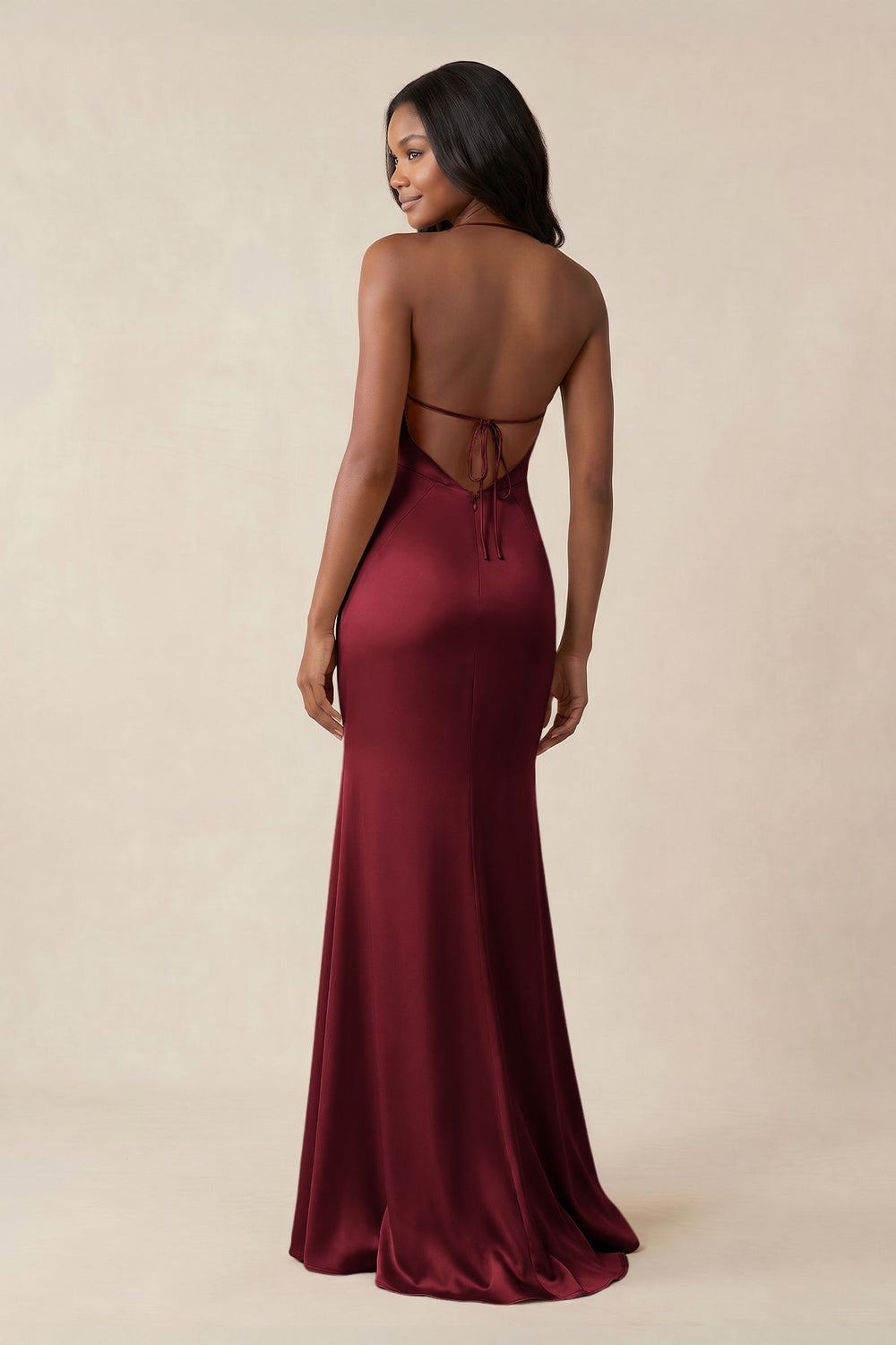 Mermaid V-Neck Satin Bridesmaid Dress With Slit in Burgundy