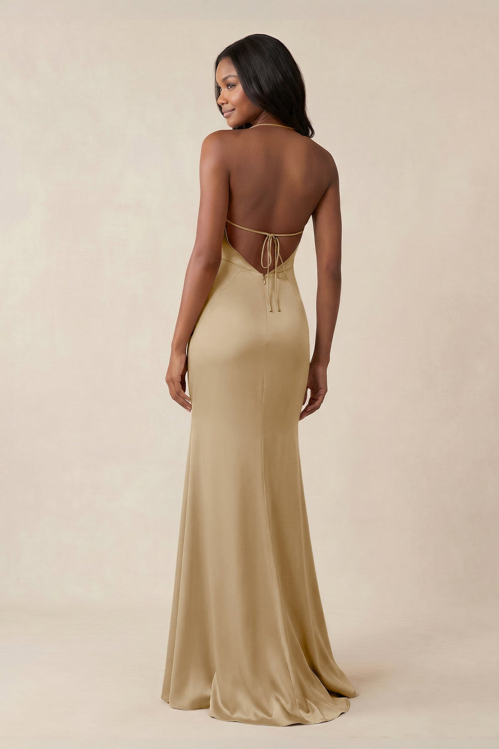 Mermaid V-Neck Satin Bridesmaid Dress With Slit in Champagne