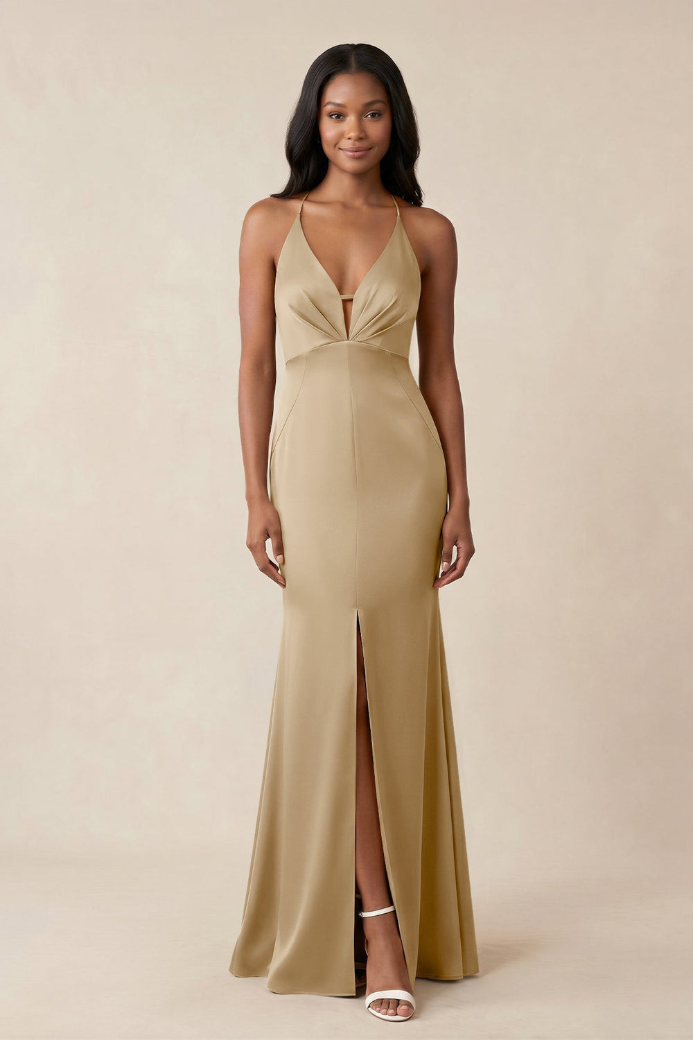 Mermaid V-Neck Satin Bridesmaid Dress With Slit in Champagne
