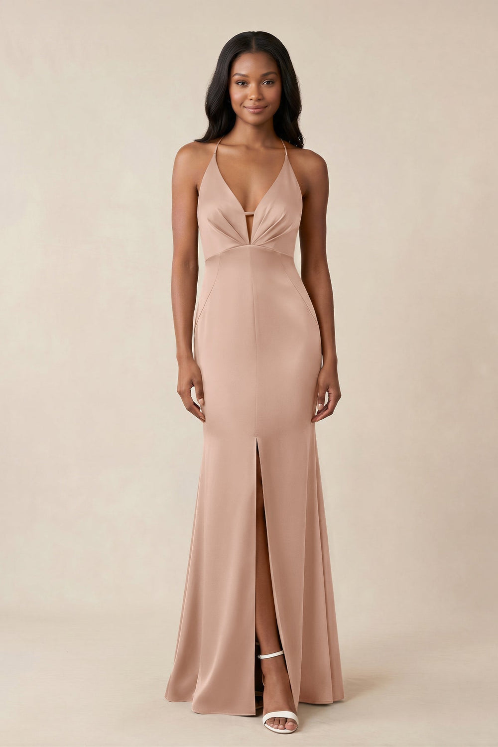 Mermaid V-Neck Satin Bridesmaid Dress With Slit in Champagne Rose