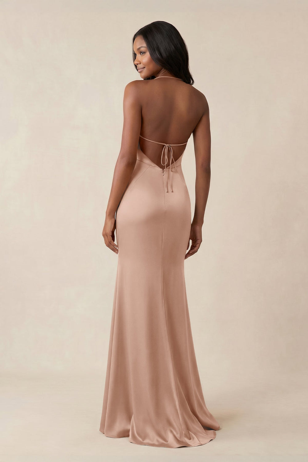 Mermaid V-Neck Satin Bridesmaid Dress With Slit in Champagne Rose