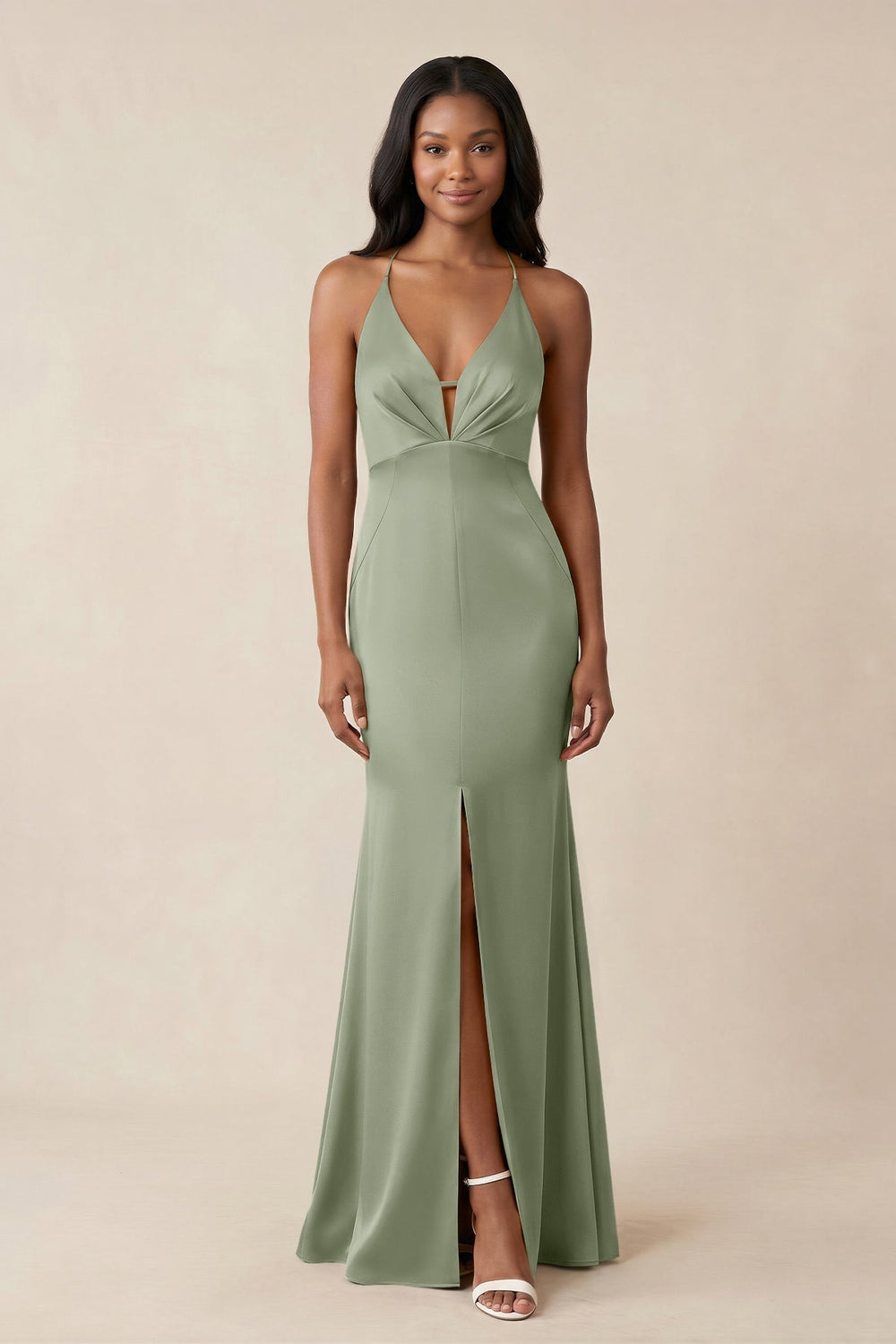 Mermaid V-Neck Satin Bridesmaid Dress With Slit in Dove Gray