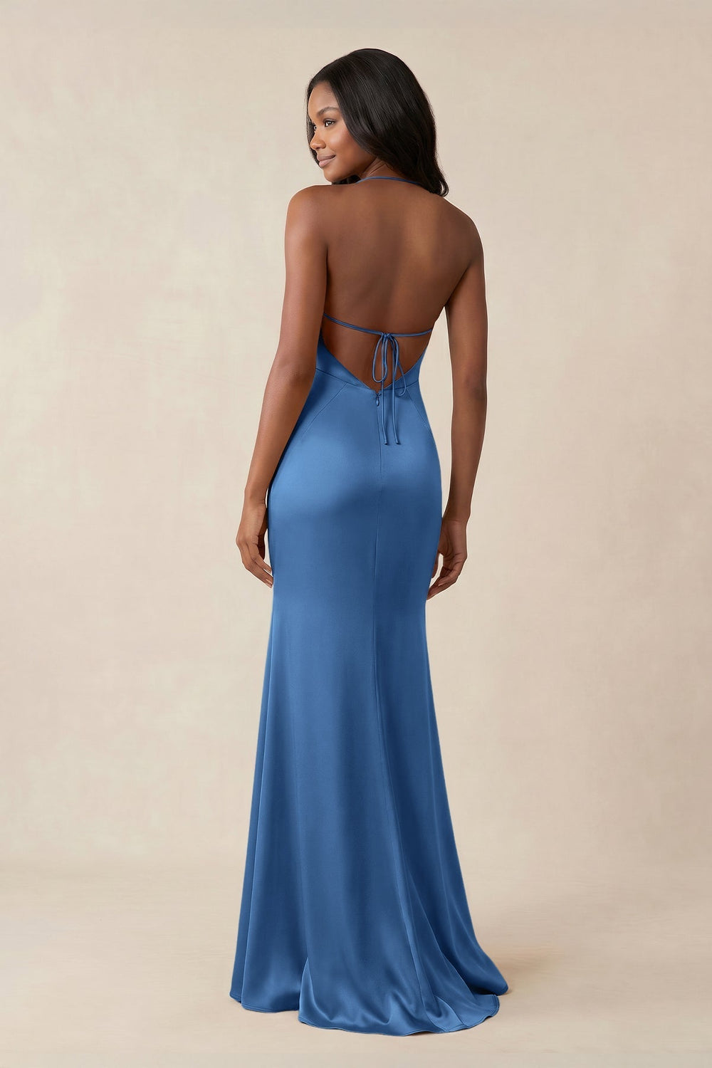 Mermaid V-Neck Satin Bridesmaid Dress With Slit in Dusty Blue