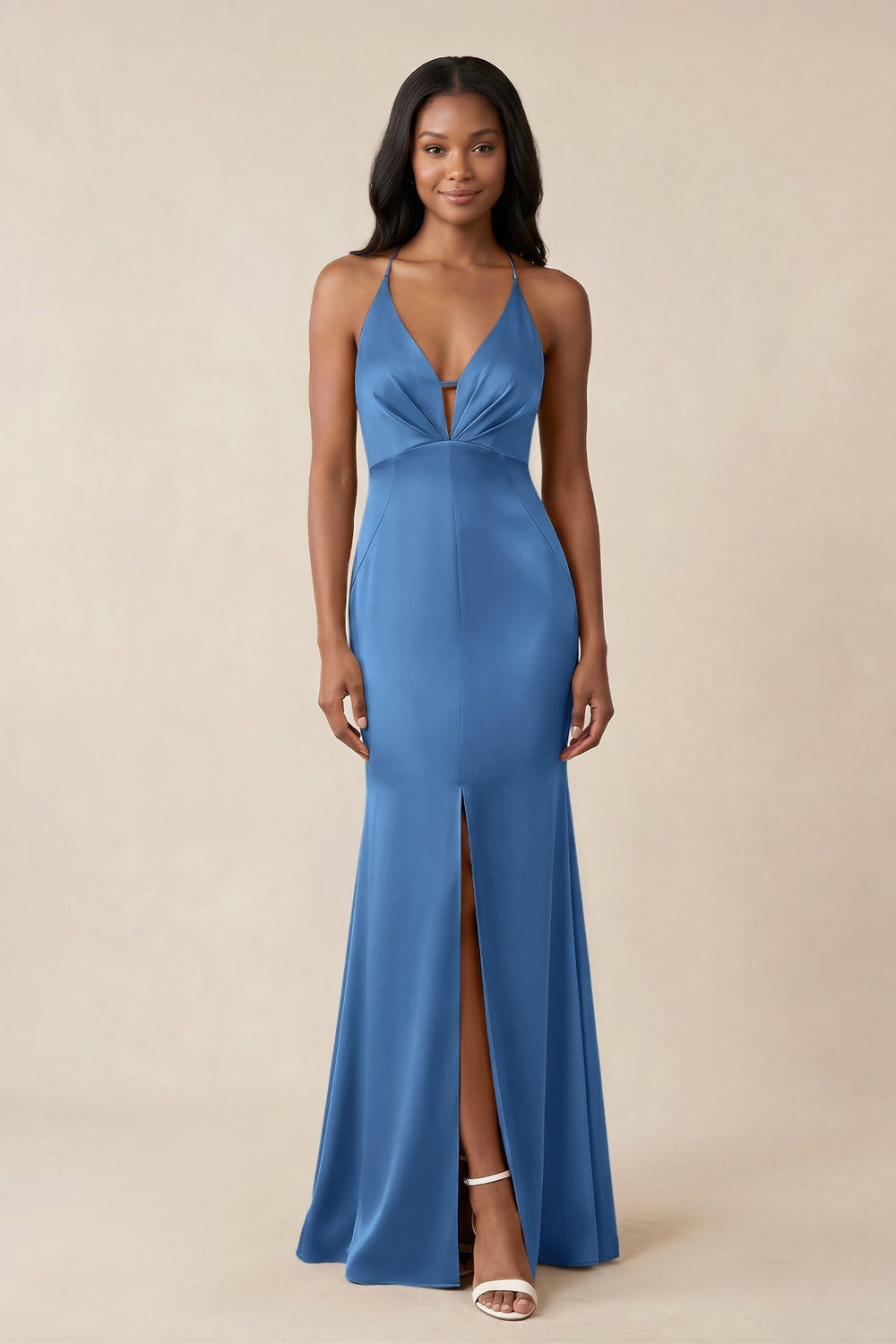 Mermaid V-Neck Satin Bridesmaid Dress With Slit in Dusty Blue