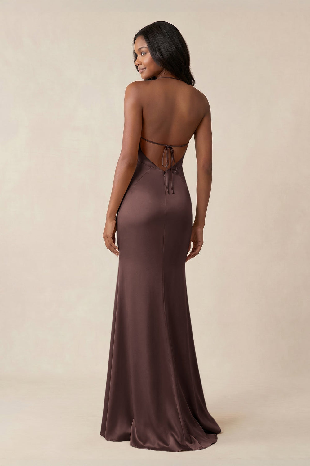 Mermaid V-Neck Satin Bridesmaid Dress With Slit in Espresso