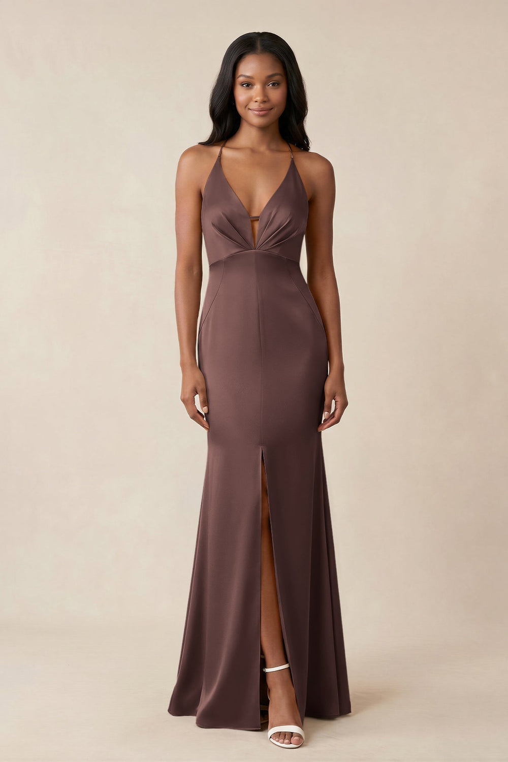 Mermaid V-Neck Satin Bridesmaid Dress With Slit in Espresso