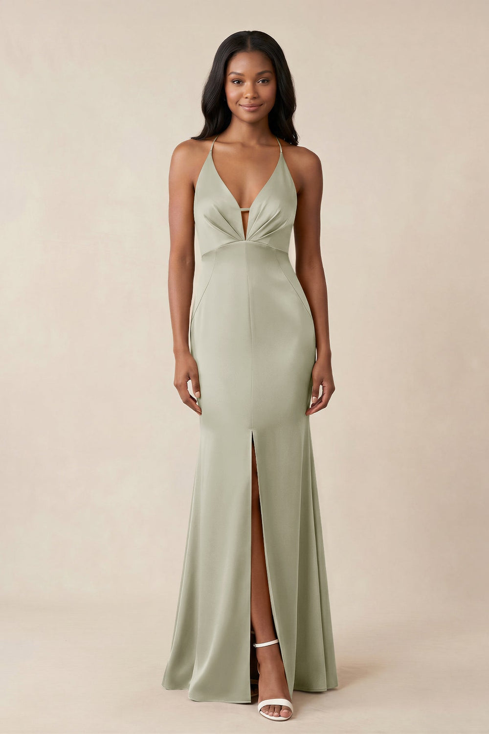 Mermaid V-Neck Satin Bridesmaid Dress With Slit in Frost