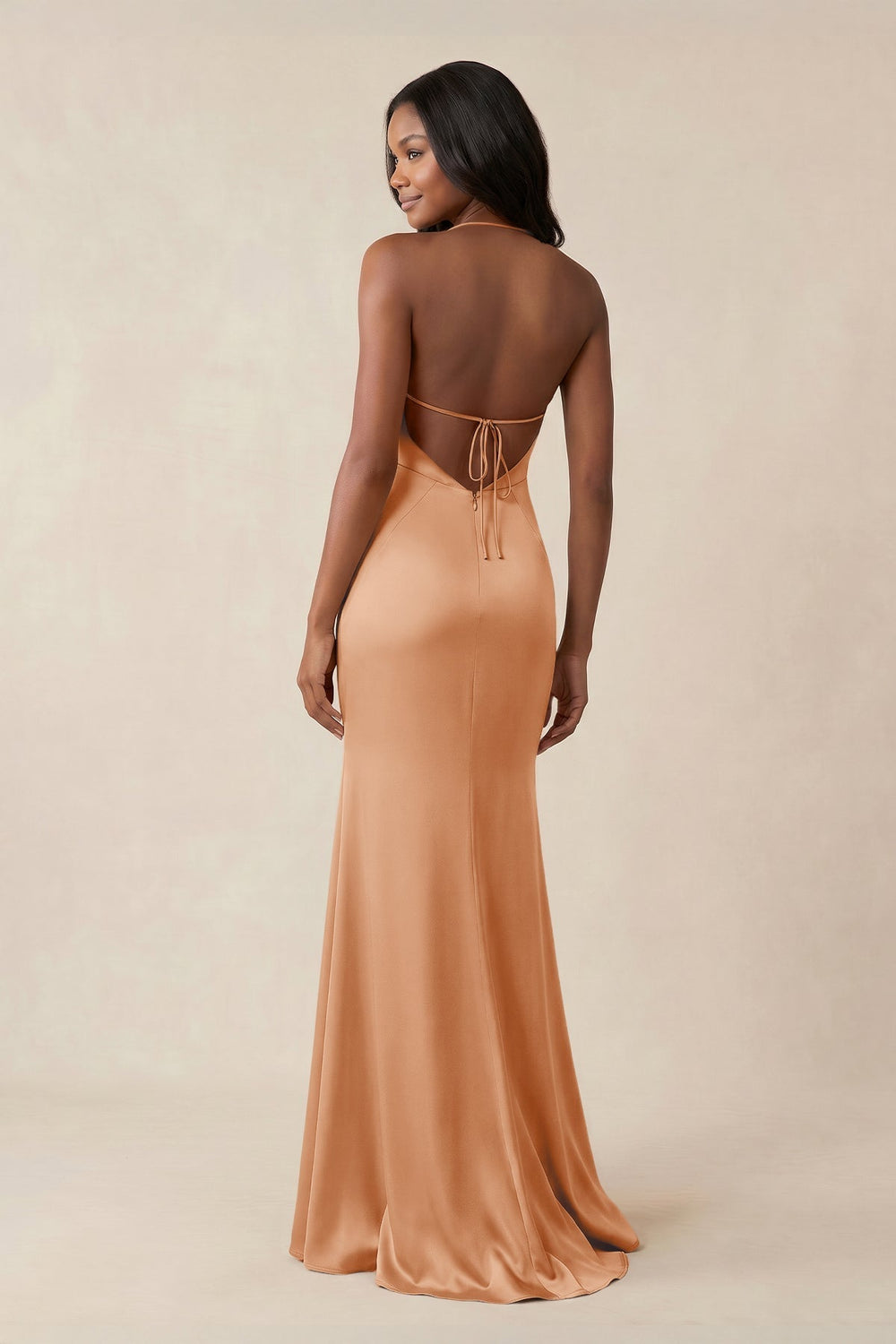 Mermaid V-Neck Satin Bridesmaid Dress With Slit in Golden Champagne