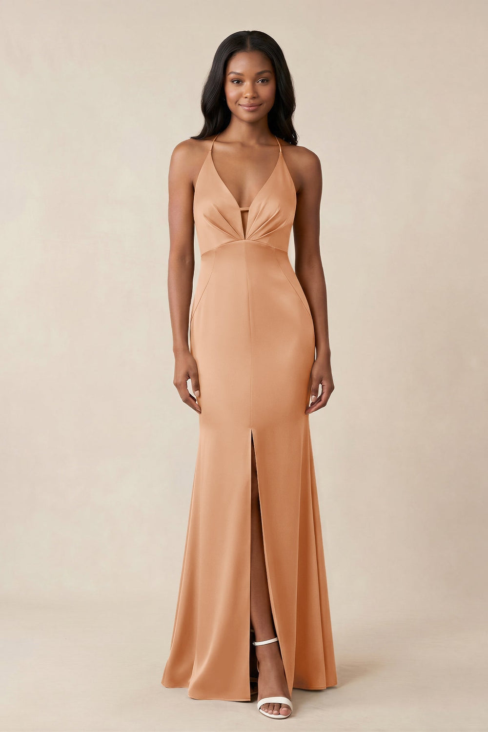 Mermaid V-Neck Satin Bridesmaid Dress With Slit in Golden Champagne