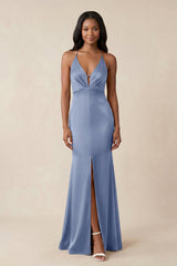 Mermaid V - Neck Satin Bridesmaid Dress With Slit in Mist - KISS BRIDAL Bridesmaid Dresses