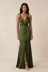 Mermaid V - Neck Satin Bridesmaid Dress With Slit in Olive - KISS BRIDAL Bridesmaid Dresses