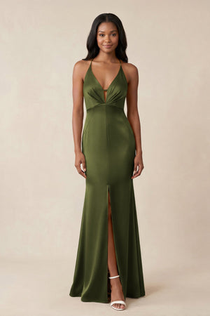 Mermaid V - Neck Satin Bridesmaid Dress With Slit in Olive - KISS BRIDAL Bridesmaid Dresses