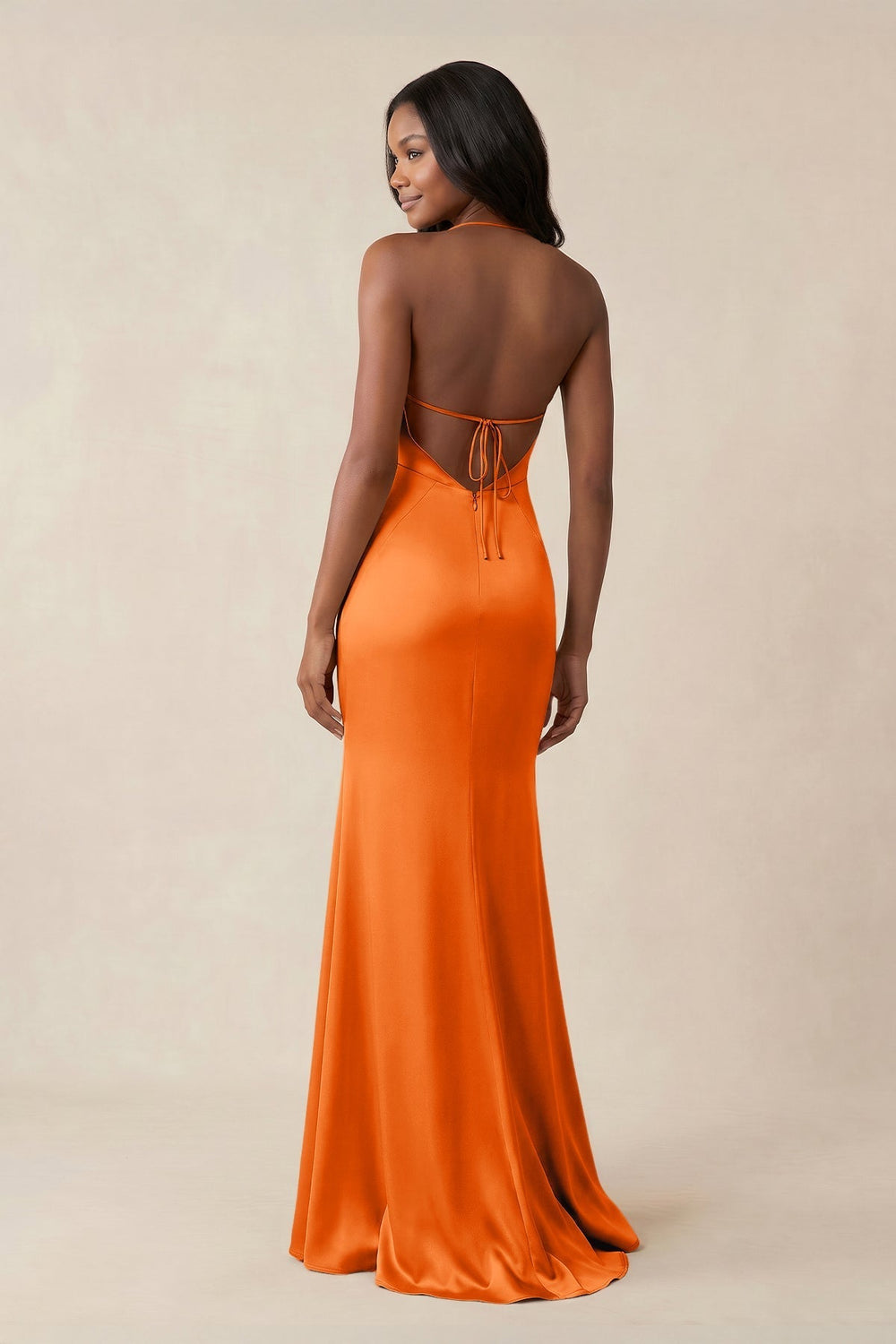 Mermaid V-Neck Satin Bridesmaid Dress With Slit in Orange