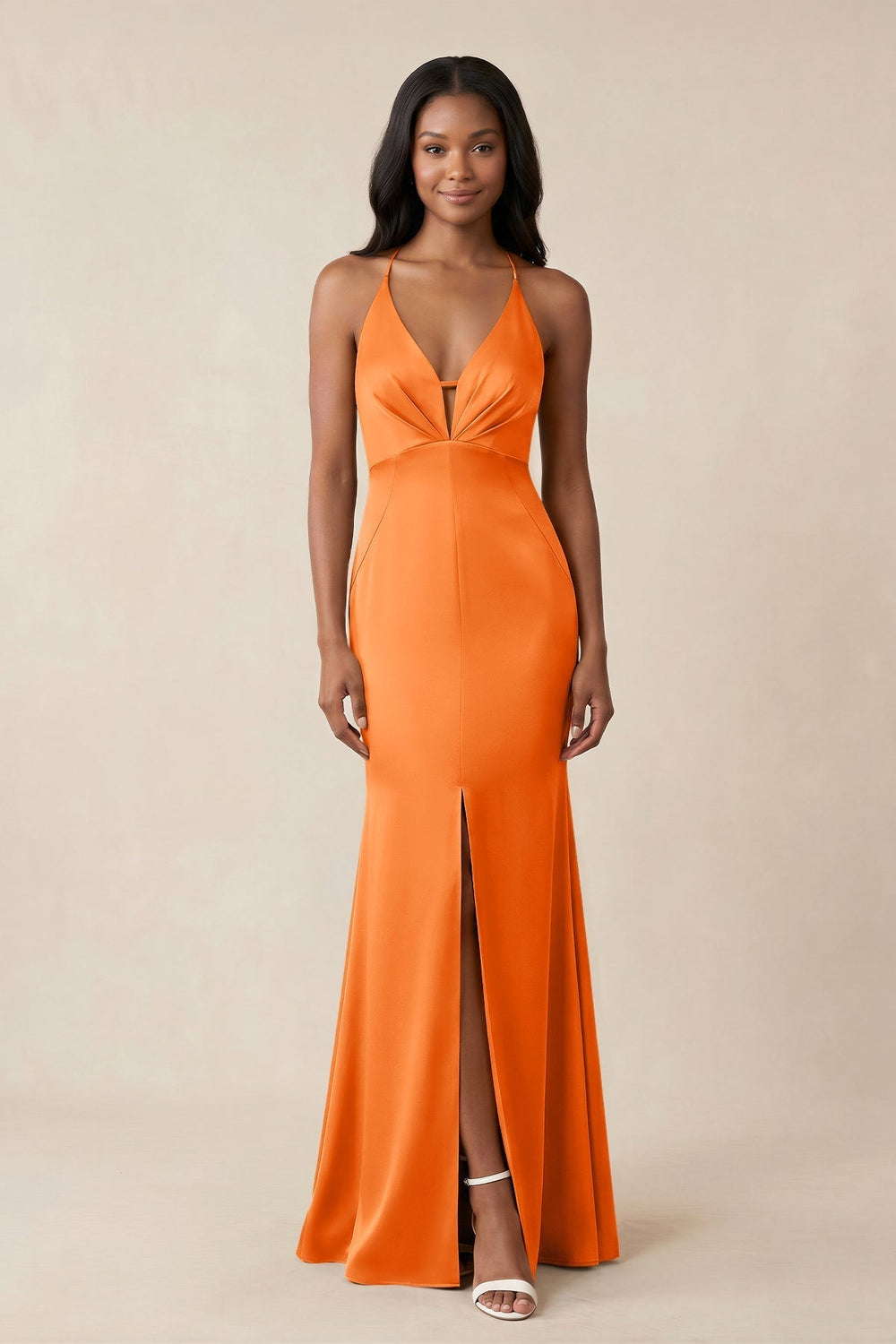 Mermaid V-Neck Satin Bridesmaid Dress With Slit in Orange