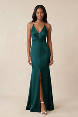 Mermaid V - Neck Satin Bridesmaid Dress With Slit in Pine - KISS BRIDAL Bridesmaid Dresses