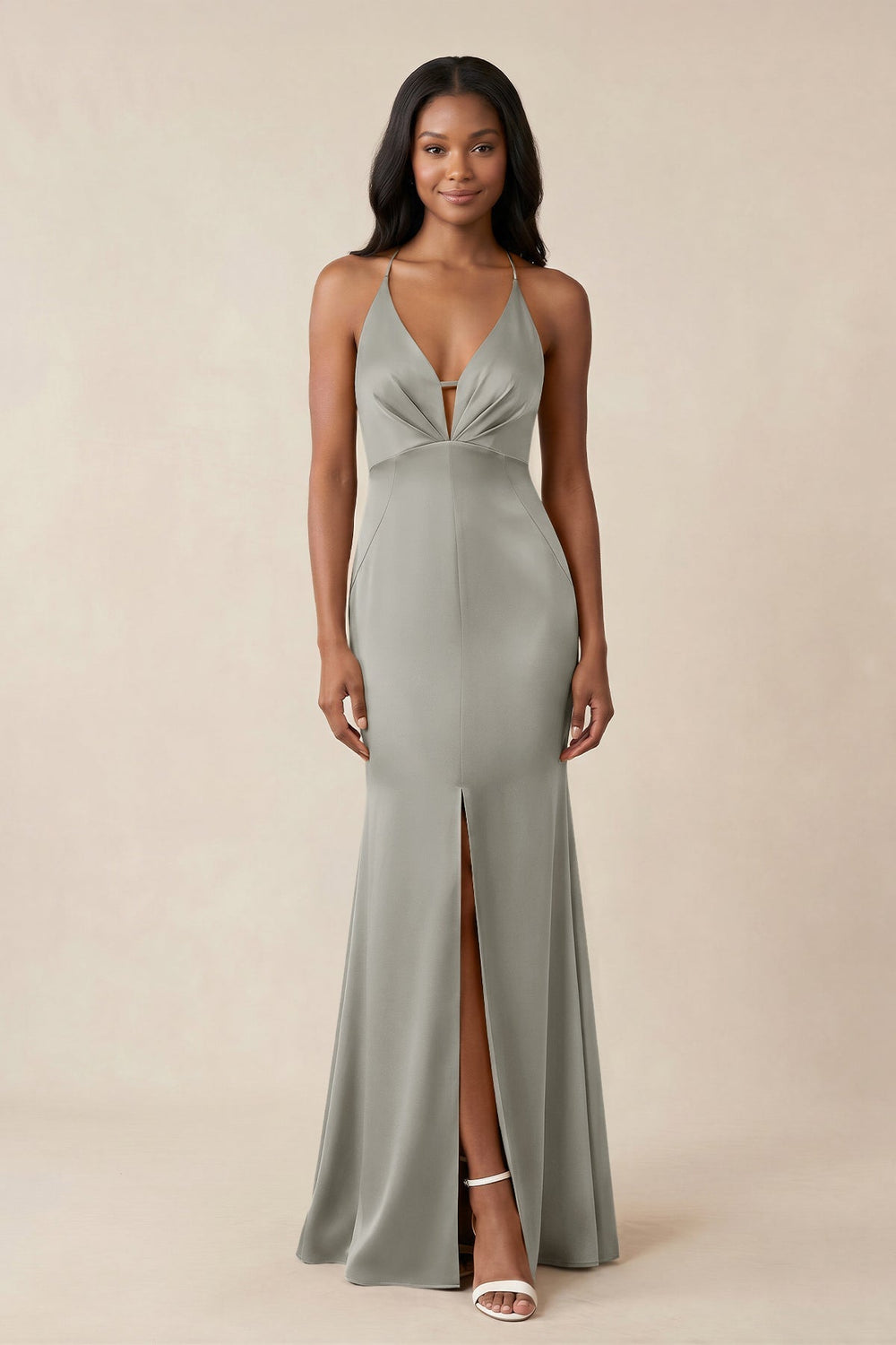 Mermaid V-Neck Satin Bridesmaid Dress With Slit in Silver
