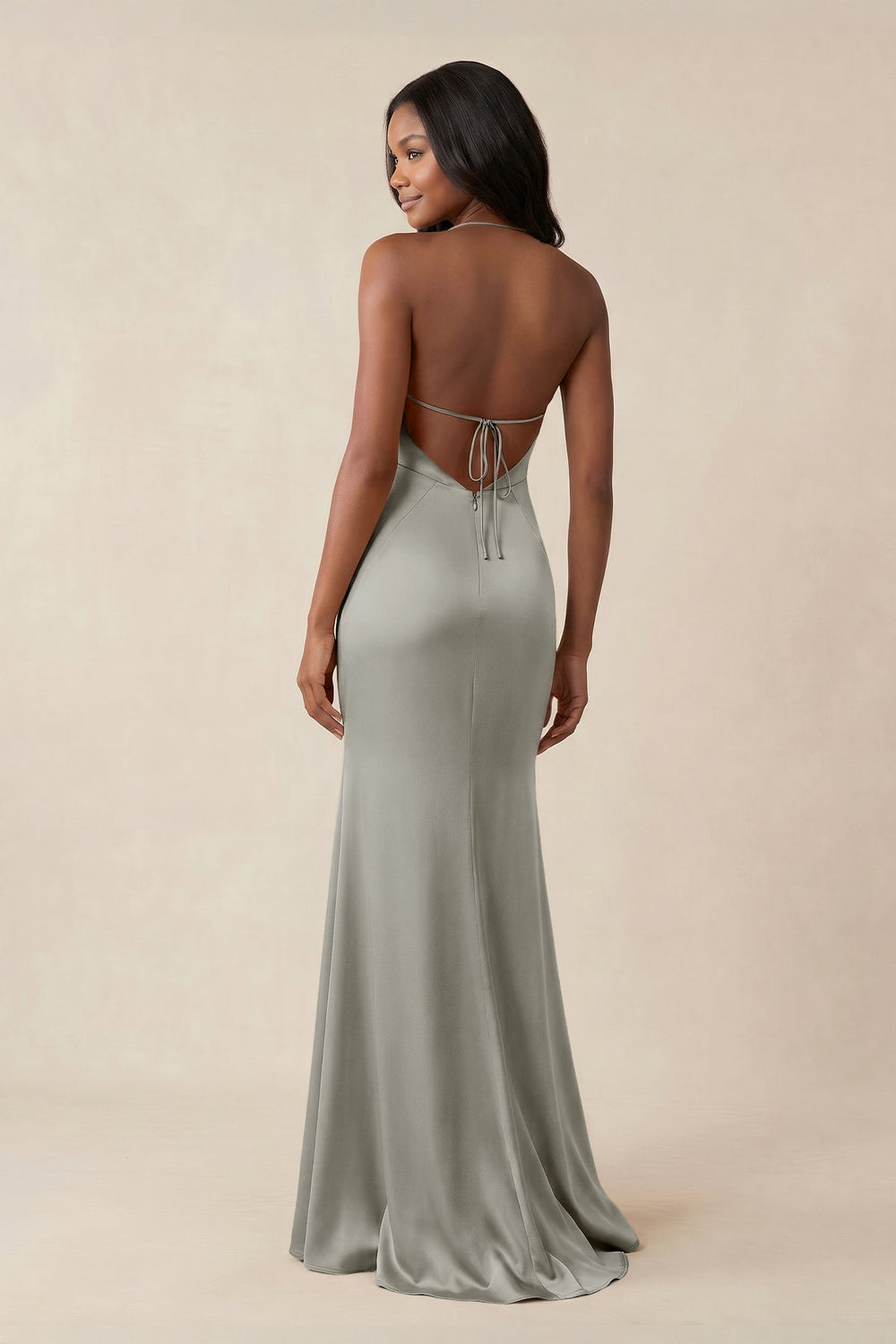 Mermaid V-Neck Satin Bridesmaid Dress With Slit in Silver