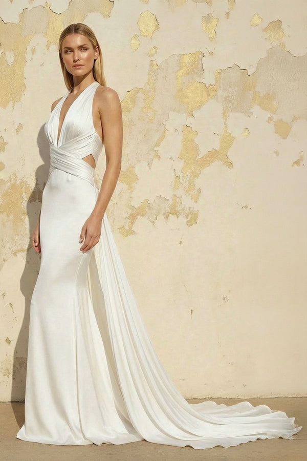 Mermaid V Neck Satin Wedding Dress in White - KISS BRIDAL Wedding Dresses