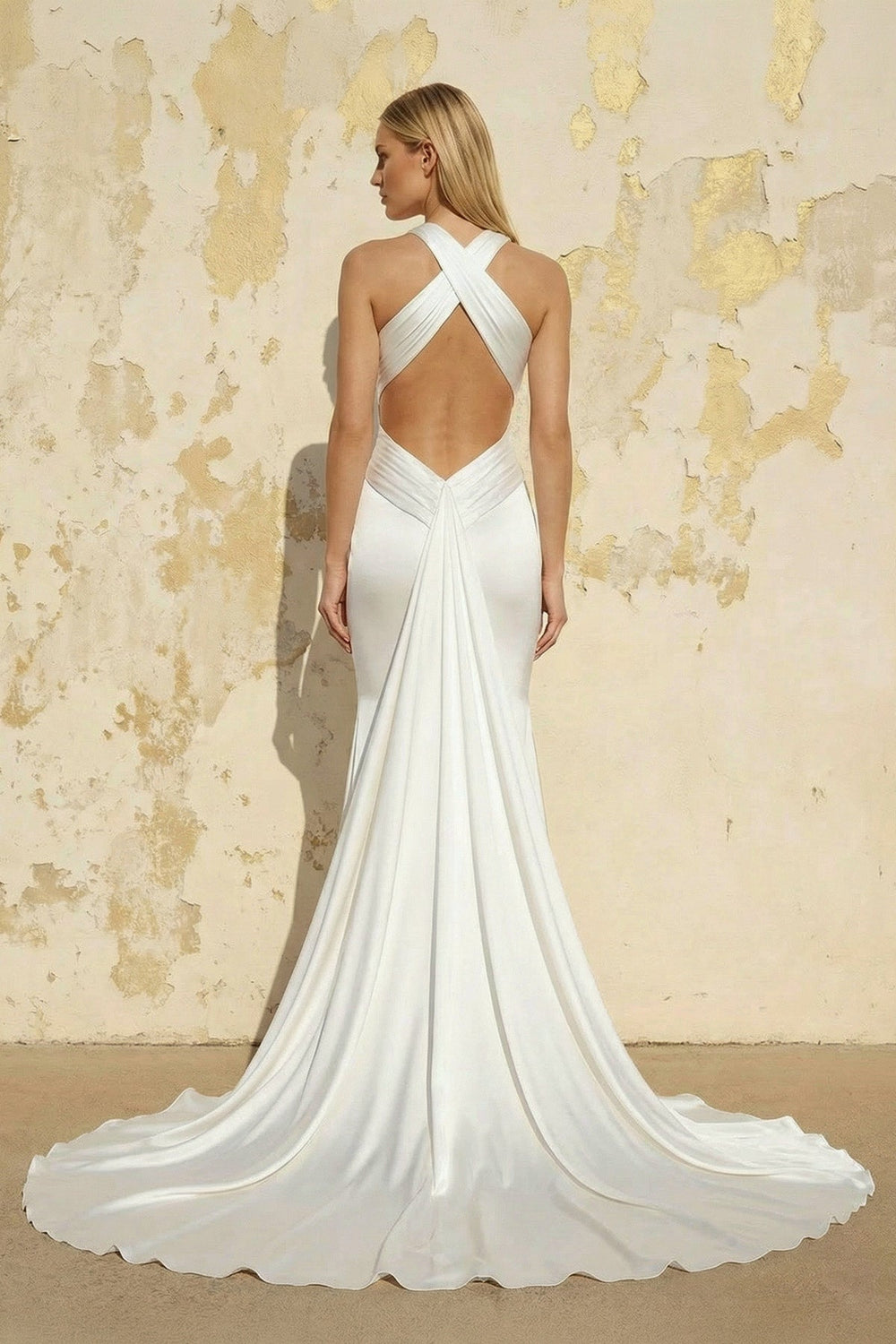 Mermaid V Neck Satin Wedding Dress in White