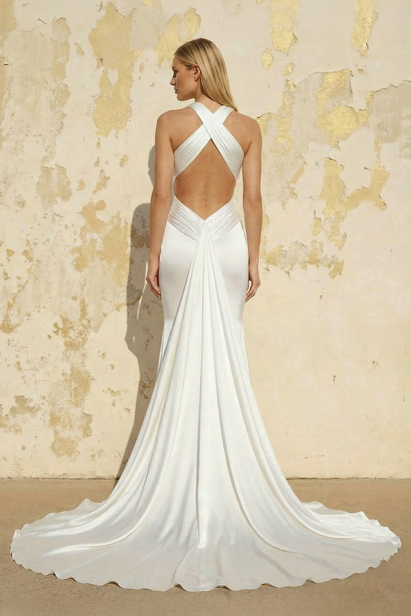 Mermaid V Neck Satin Wedding Dress in White - KISS BRIDAL Wedding Dresses