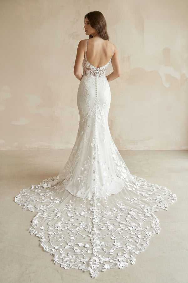 Mermaid V Neck Satin Wedding Dress With Appliques in White - KISS BRIDAL Wedding Dresses