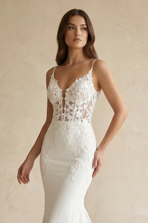 Mermaid V Neck Satin Wedding Dress With Appliques in White - KISS BRIDAL Wedding Dresses