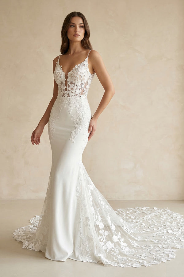 Mermaid V Neck Satin Wedding Dress With Appliques in White - KISS BRIDAL Wedding Dresses