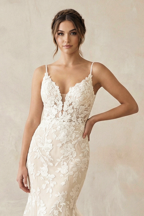 Mermaid V Neck Tulle Wedding Dresses with Appliques in Ivory - KISS BRIDAL Wedding Dresses