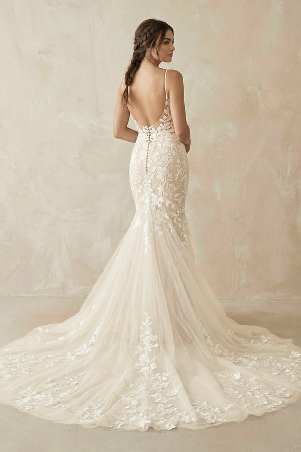Mermaid V Neck Tulle Wedding Dresses with Appliques in Ivory - KISS BRIDAL Wedding Dresses