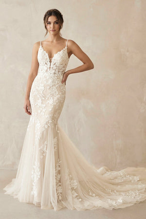 Mermaid V Neck Tulle Wedding Dresses with Appliques in Ivory - KISS BRIDAL Wedding Dresses