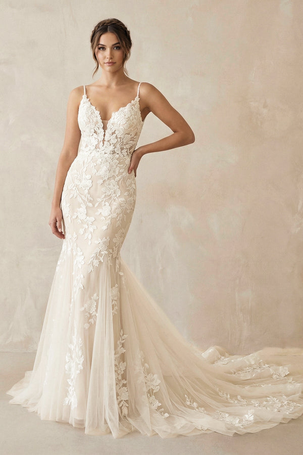 Mermaid V Neck Tulle Wedding Dresses with Appliques in Ivory - KISS BRIDAL Wedding Dresses
