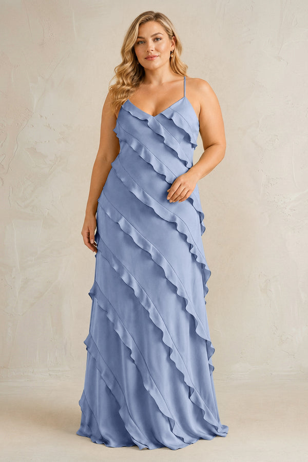 Mist Spaghetti Straps Sheath Stain Ruffled Bridesmaid Dress | KISSBRIDAL[sizeplus]