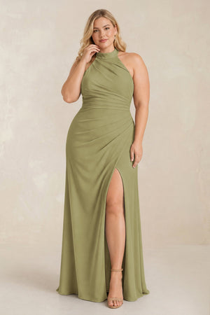 Moss Green High Neck Chiffon Sheath Ruched Bridesmaid Dress [sizeplus] | KISSBRIDAL