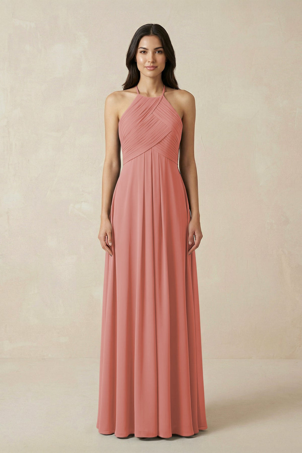 A-Line Halter Neck Pleated Chiffon Bridesmaid Dress in Mulberry