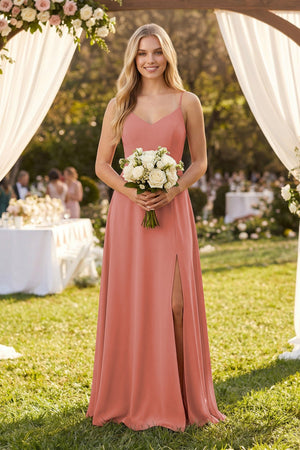 Mulberry Cami Strap A-Line Chiffon Bridesmaid Dress with Slit (4) | KISSBRIDAL